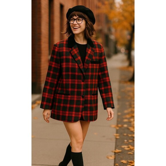 Sag Harbor Blazer Womens 16 Jacket Green Red Tartan Plaid Holidays Academia Wool - Picture 1 of 12